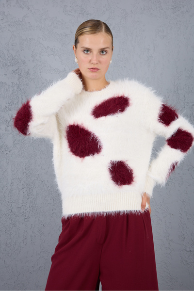 Moda Days White-Burgundy Beard Yarn Patterned Crew Neck Knitwear Sweater