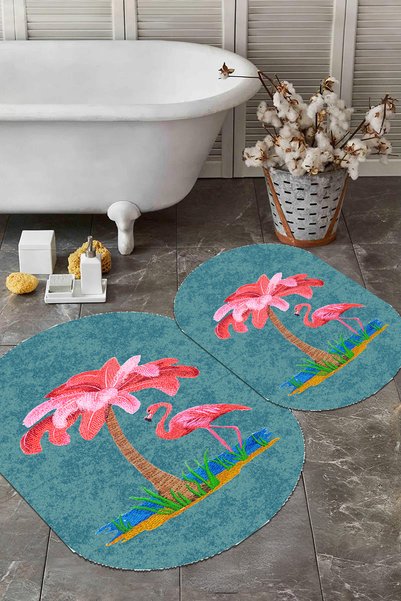 EVİMSEN Digital Non-Slip Base Washable Palm Tree Pattern Oval Bath Mat Toilet Set