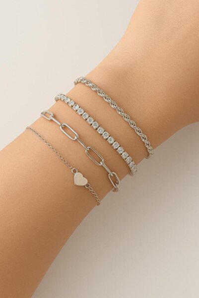 Aychra Women's Silver Color Combination Bracelet Set – Elegant, Stylish, and Suitable for Everyday Wear 4-Piece Jewelry Set