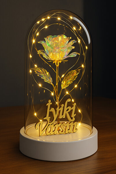 LUZAB İyiki Varsın Yazılı Led Işıklı Solmayan Güllü Gece Lambası fanus Dekor Süs