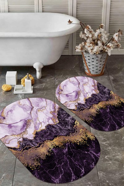 EVİMSEN Digital Non-Slip Base Washable Marble Pattern Oval Bath Mat Toilet Set