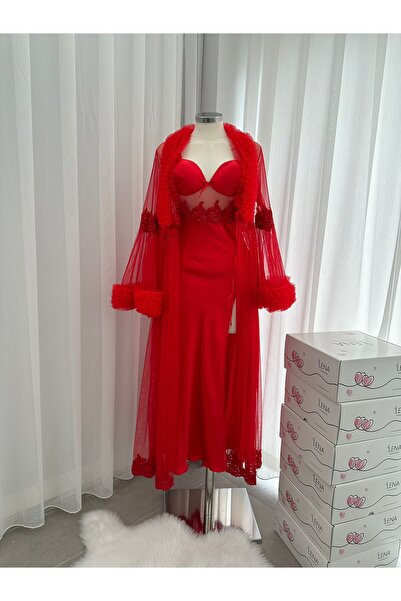 Lena Homewears Lena Red Tül Uzun Sabahlıklı Uzun Saten Gecelik İkili Özel Gelin Seti (Kutulu)