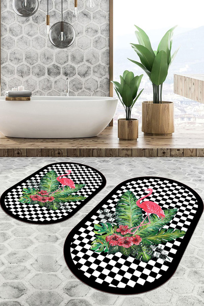 EVİMSEN Digital Non-Slip Base Washable Flamingo Patterned Oval Bath Mat Toilet Set