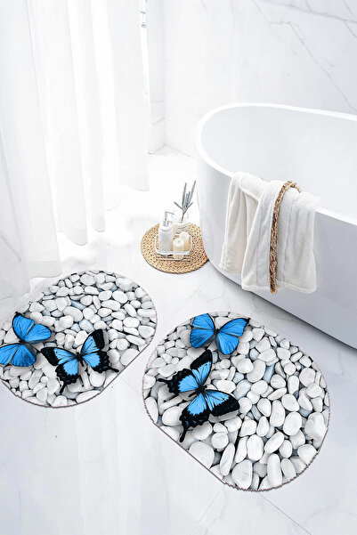 EVİMSEN Set de scaune pentru toaletă cu covoraș de baie oval, lavabil, cu model de fluturi, cu bază digitală anti-alunecare