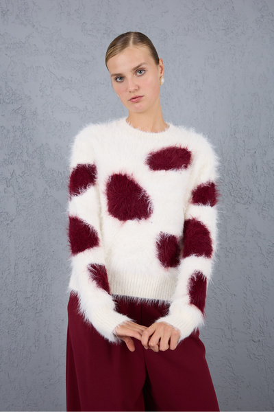 Moda Days White-Burgundy Beard Yarn Patterned Crew Neck Knitwear Sweater