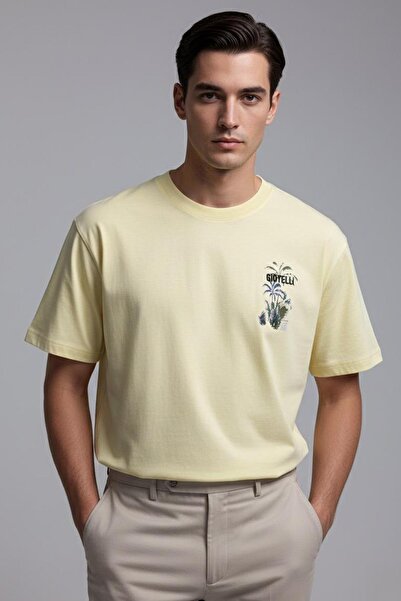 Sabri Özel BİSİKLET YAKA BASKILI ERKEK T-SHIRT Açık Sarı
