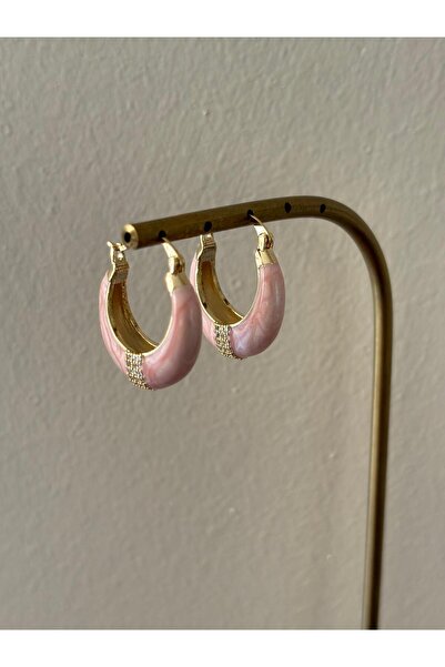 marsel aksesuar Pink Colored Bombe Medium Size Gold Oval Steel Earrings
