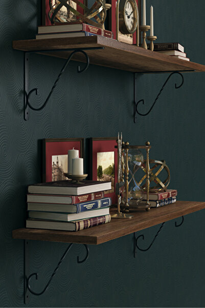 DUFON Miraj Serisi Metal Ayaklı, 2'li Duvar Rafı (Ceviz -85x20)