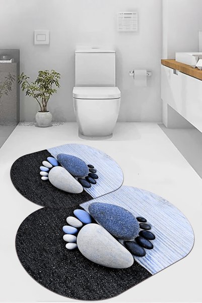 EVİMSEN Digital Non-Slip Base Washable Stone Foot Patterned Oval Bath Mat Toilet Set