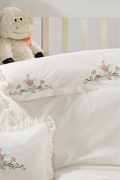 Manora 100% Cotton Pink Elegant Floral Embroidered Ruffled Baby Bedding Set