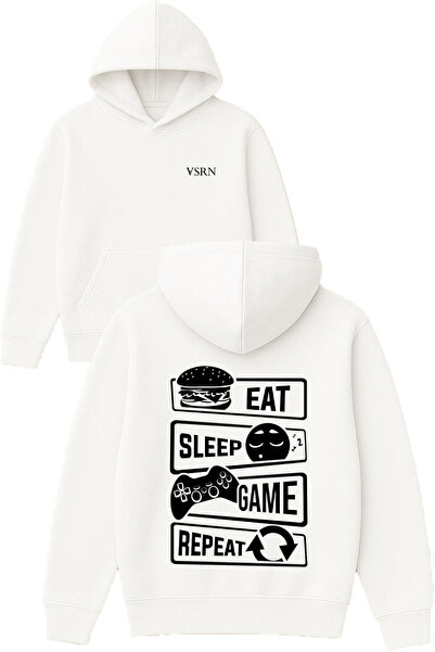VSRN repeat game sleep Hanorac alb supradimensionat cu glugă, cu imprimeu de ...