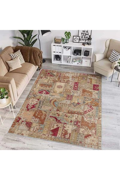 aren.HALI Salamanca Patchwork Bej Polyester ve Pamuklu Yıkanabilir Kaydırmaz Taban Dijital Baskı Halı