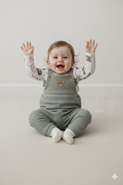 Le Touche Bear Embroidered Baby Romper 3-Piece Romper Set Sleeved Bodysuit with Pockets Romper and Socks Baby Outfit 3-6-9 Months