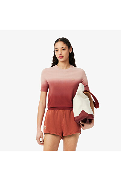 Lacoste Kadın Classic Fit Kısa Kollu Bisiklet Yaka Renk Bloklu Pembe Triko