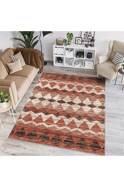 aren.HALI Della Geometrik Turuncu Polyester ve Pamuklu Yıkanabilir Kaydırmaz Taban Dijital Baskı Halı
