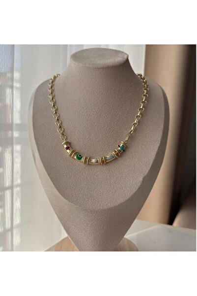 marsel aksesuar Özel Seri Gold 14K Kaplama Renkli Kalp Detaylı Kolye