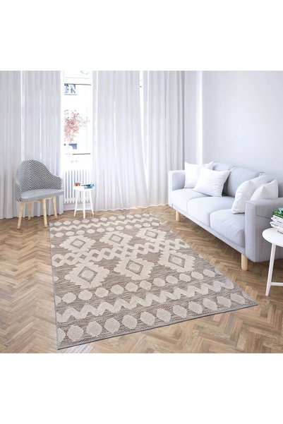 aren.HALI Lincoln Geometrik Bej Polyesterve Pamuklu Yıkanabilir Kaydırmaz Taban Dijital Baskı Halı