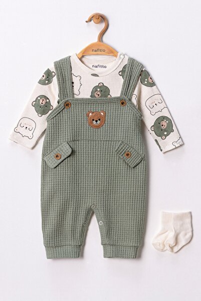Le Touche Bear Embroidered Baby Romper 3-Piece Romper Set Sleeved Bodysuit with Pockets Romper and Socks Baby Outfit 3-6-9 Months