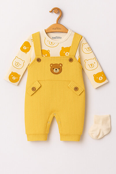 Le Touche Bear Embroidered Baby Romper 3-Piece Romper Set Sleeved Bodysuit with Pockets Romper and Socks Baby Outfit 3-6-9 Months