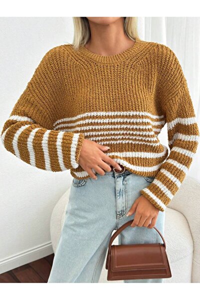 Jose Clothing Mustard Color Crew Neck Striped Sweater