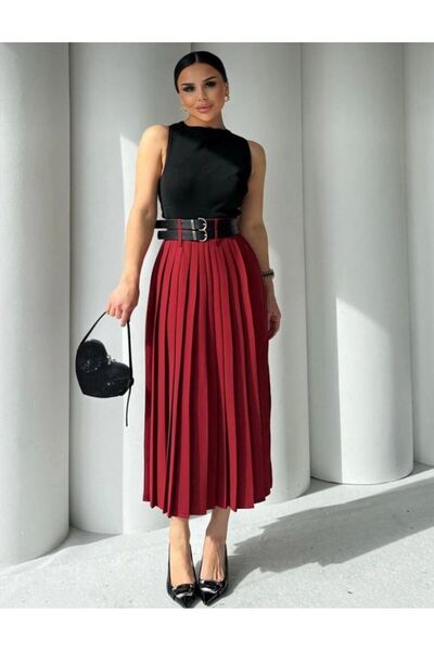 ALVOR Double Belted Pleated Slit Skirt