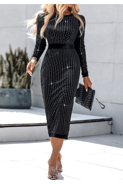 Little Visqon Kadın Uzun Kollu Bisiklet Yaka Taşlı Midi Kadife Elbise