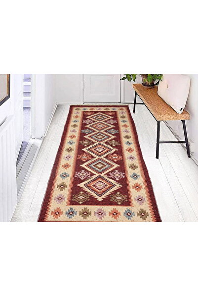 OEM Traditional jute rug, 80x300 cm, red and cream, Rhomb pattern