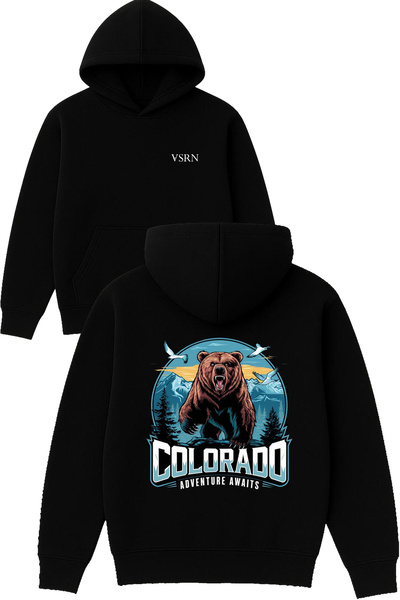VSRN كولورادو ديزاين مطبوع قصة فضفاضة سويت شيرت أسود بغطاء رأس