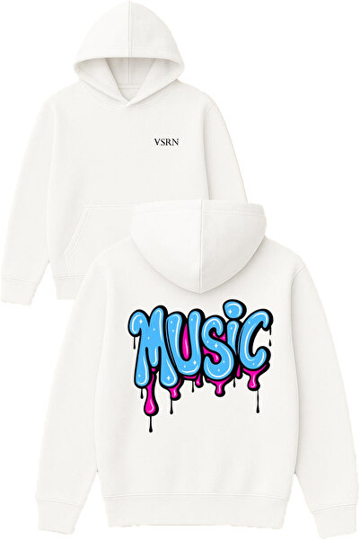 VSRN موسيقى بلو ديزاين مطبوع قصة فضفاضة أبيض بغطاء رأس سويت شيرت