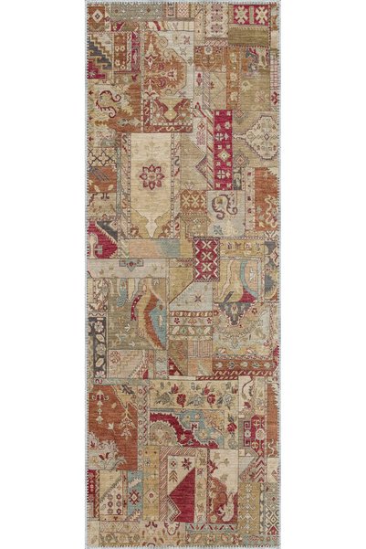 aren.HALI Salamanca Patchwork Bej Polyester ve Pamuklu Yıkanabilir Kaydırmaz Taban Dijital Baskı Halı