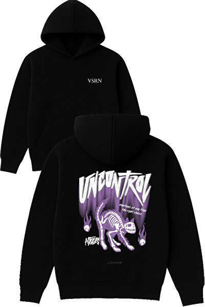 VSRN تصميم غير متحكم فيه مطبوع قصة فضفاضة سويت شيرت أسود بغطاء رأس