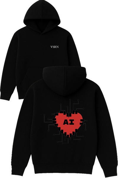 VSRN Hanorac negru supradimensionat cu glugă, cu imprimeu Aı Heart Design