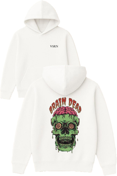 VSRN Hanorac alb supradimensionat cu glugă, cu imprimeu design Braın Dead Zombie