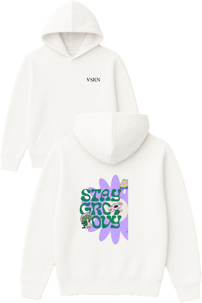 VSRN ستاي جروفي ديزاين مطبوع قصة فضفاضة سويت شيرت أبيض بغطاء رأس