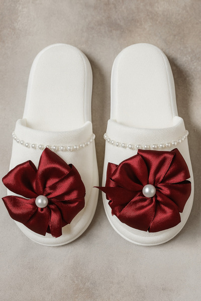 Massaltay Burgundy Bowknot Bride Maternity Slippers |   Stylish Bridal Slippe...