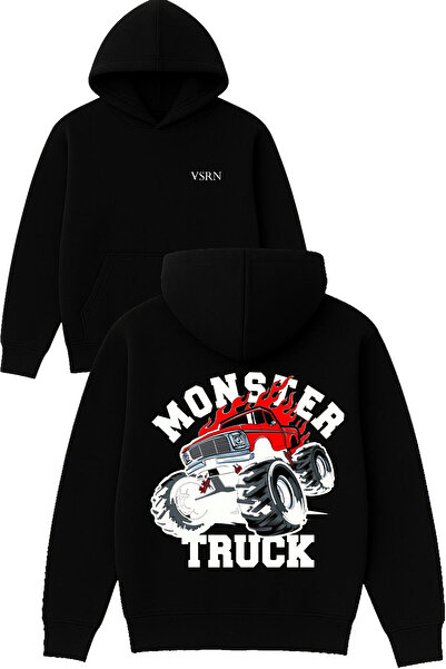 VSRN سويت شيرت مونستر تراك ديزاين مطبوع قصة فضفاضة أسود بغطاء رأس