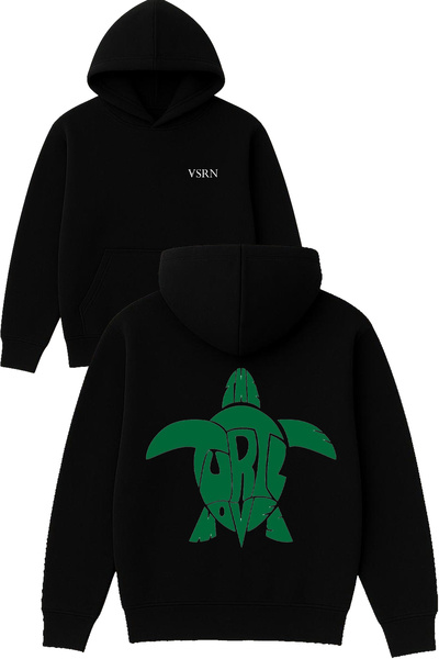 VSRN Hanorac negru supradimensionat cu glugă, cu imprimeu The Turtle Design