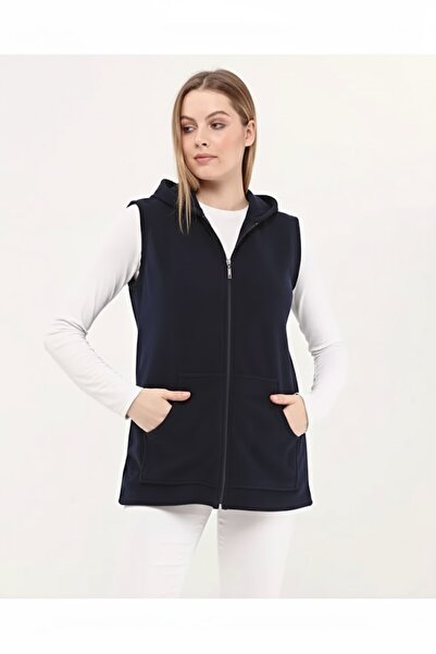 Taşoğlu Collection Hooded Navy Blue Women's Fleece Vest