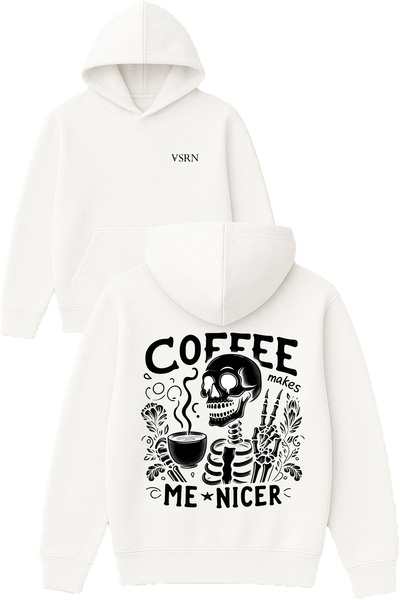 VSRN القهوة تجعلني سعيداً، تصميم مطبوع قصة فضفاضة، سويت شيرت أبيض بغطاء رأس