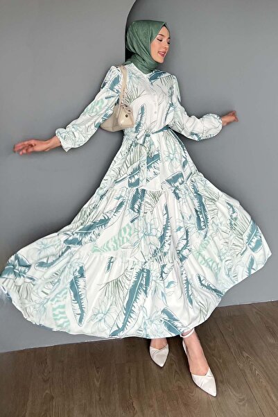 Hiccup Bdart Buttoned and Belted Detail Crew Neck Maxi Dress