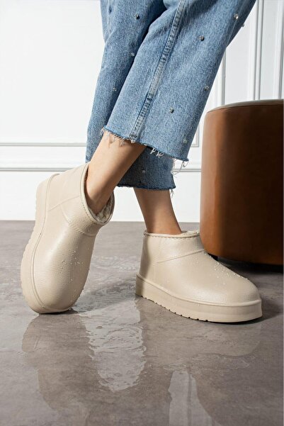 MissPapatya Nordia Beige Women's Waterproof Fur-Lined Warm Winter Casual Short Boots