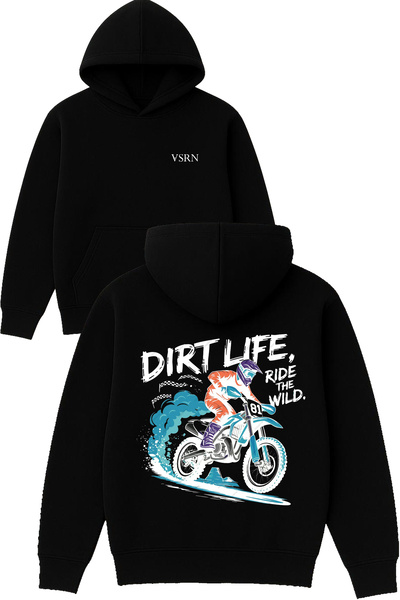 VSRN تصميم ديرت لايف مطبوع قصة فضفاضة سويت شيرت أسود بغطاء رأس