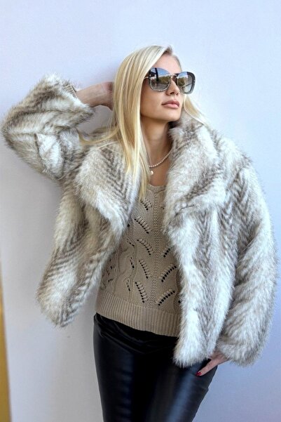 FashionForYou Kalyma fur short jacket, geometric striped tones, White/Grey, S...
