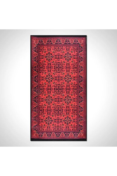 aren.HALI Siano Çerçeveli Kırmızı Polyester ve Pamuklu Kaydırmaz Tabanlı Dijital Baskı Halı