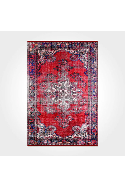 aren.HALI Sovvieco Klasik Göbekli Kırmızı Polyester ve Pamuklu Kaydırmaz Tabanlı Dijital Baskı Halı