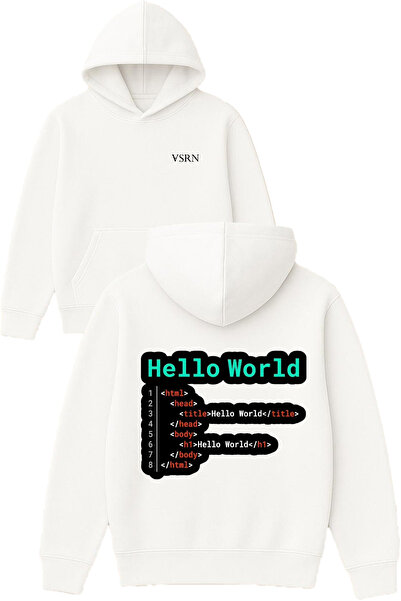 VSRN Hello world Hanorac alb supradimensionat cu glugă și imprimeu designat