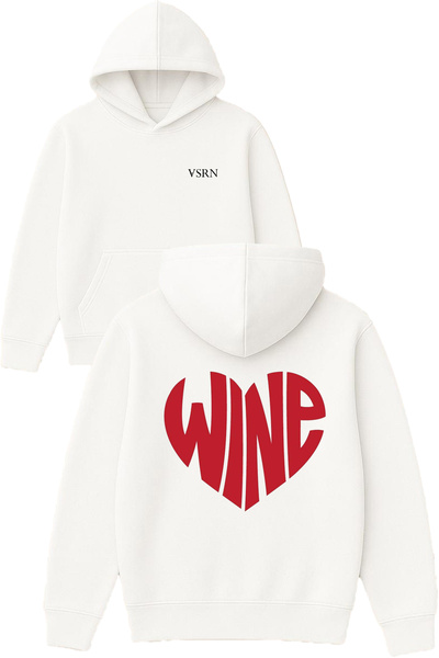 VSRN Hanorac alb supradimensionat cu glugă, imprimat cu design Heart Wine