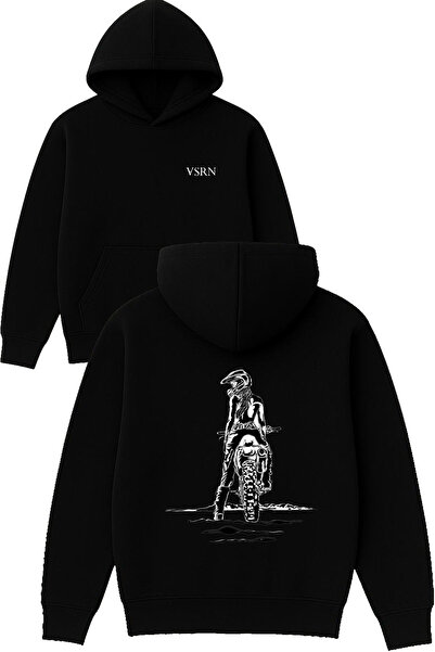 VSRN سويت شيرت موتور ماونتن ديزاين مطبوع قصة فضفاضة أسود بغطاء رأس