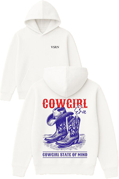 VSRN سترة كاوجيرل ستات أوف ديزاين مطبوع قصة فضفاضة بيضاء بغطاء رأس