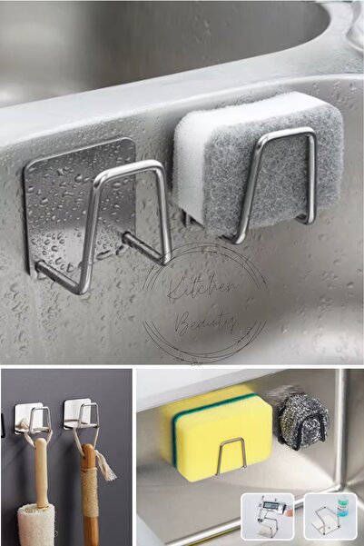 Kitchen Beauty Paslanmaz Krom Yapışkanlı Bulaşık Süngeri Tutucu Ve Evye Düzen...